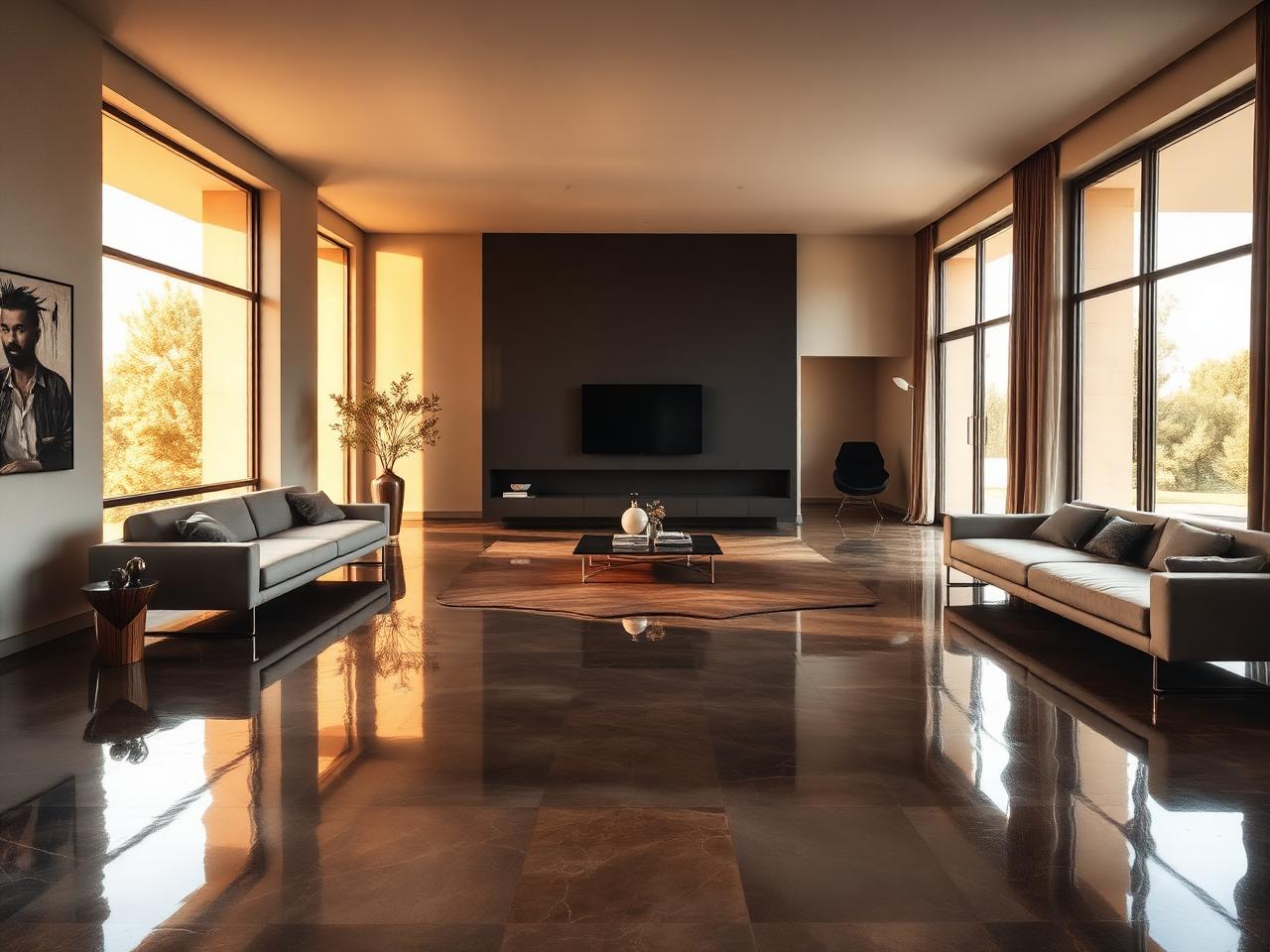 Sol résine époxy metallic bronze dans un salon de villa à Ajaccio